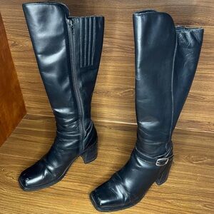 Colin Stuart Knee high Tall black leather heeled buckle boots square toe heeled